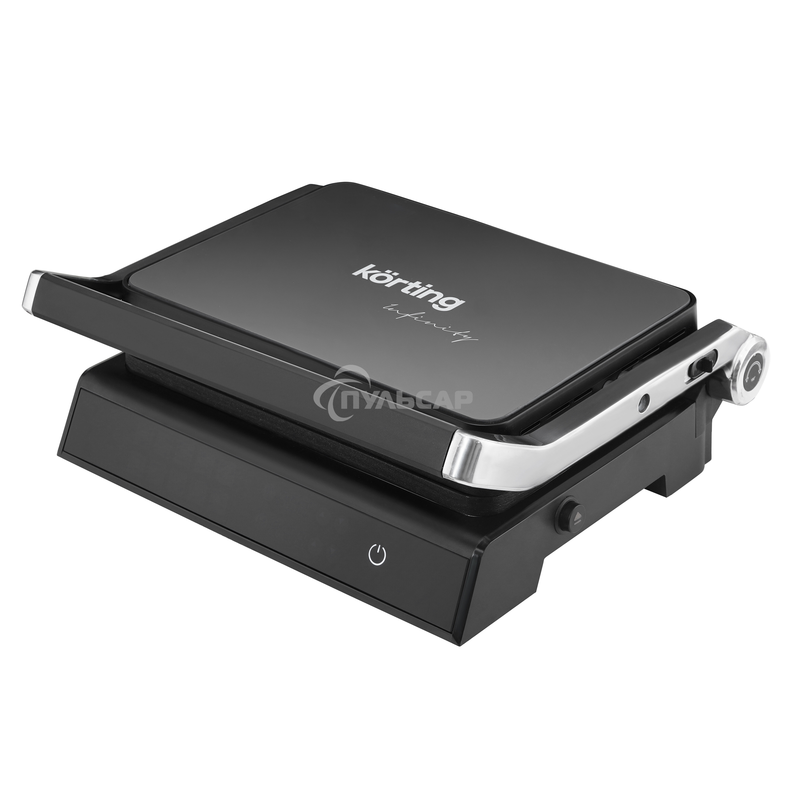 Гриль KORTING KGPA 0403 W Infinity, мощность 2000 Вт, сенсорное управление, цветной дисплей, 10 автоматических программ, раздельная регулировка температуры верхней и нижней панелей, температура от 90 до 230 градусов, таймер, цвет черный