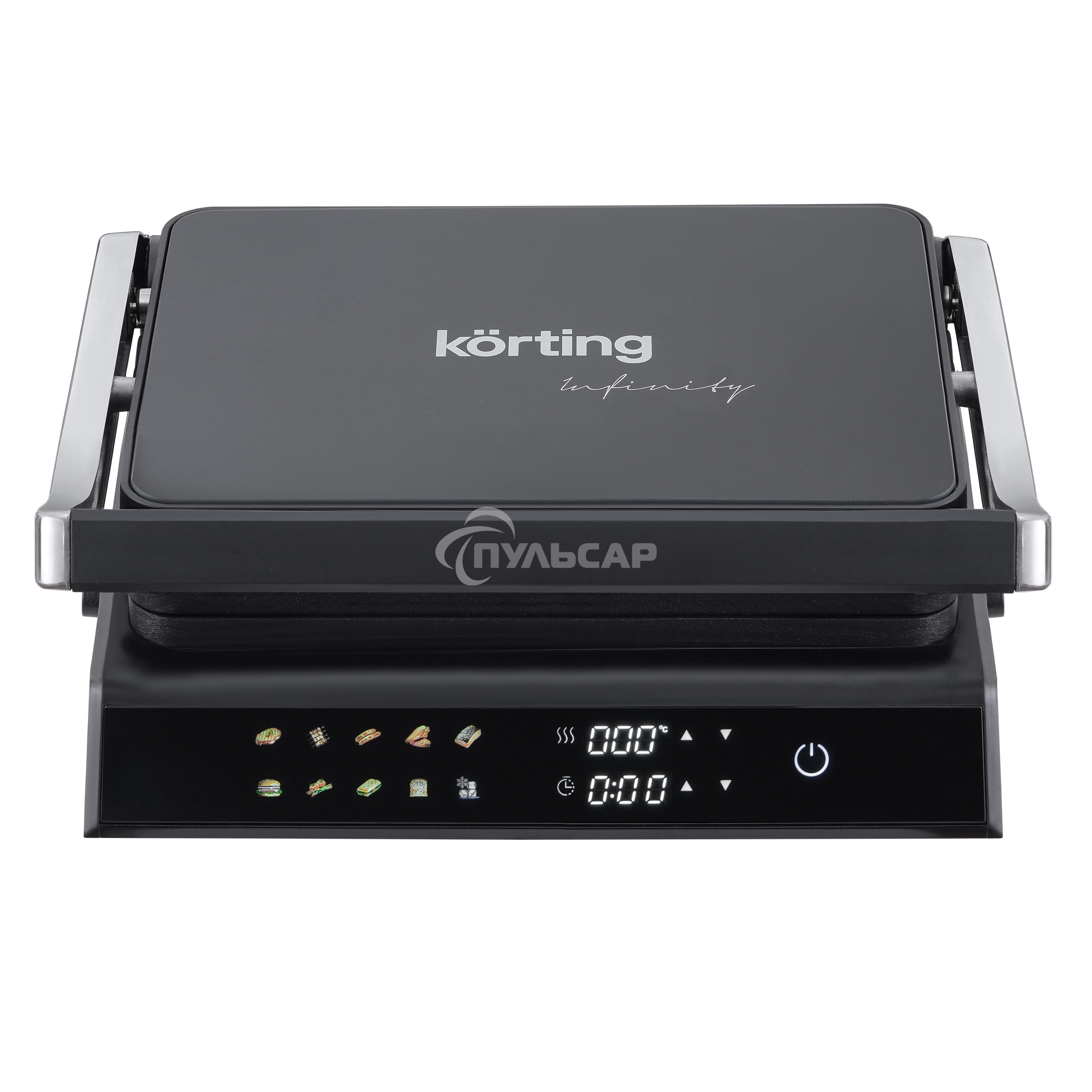Гриль KORTING KGPA 0403 W Infinity, мощность 2000 Вт, сенсорное управление, цветной дисплей, 10 автоматических программ, раздельная регулировка температуры верхней и нижней панелей, температура от 90 до 230 градусов, таймер, цвет черный