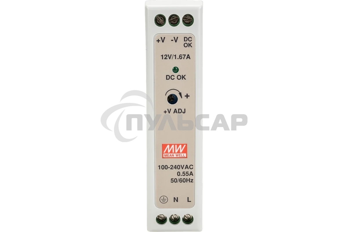 Блок питания AC-DC, 20Вт, вход 85-264V AC, 47-63Гц,120-370В DC, выход 12В,0-1,67A, рег. вых=±10%Uном, в кожухе на DIN-рейку