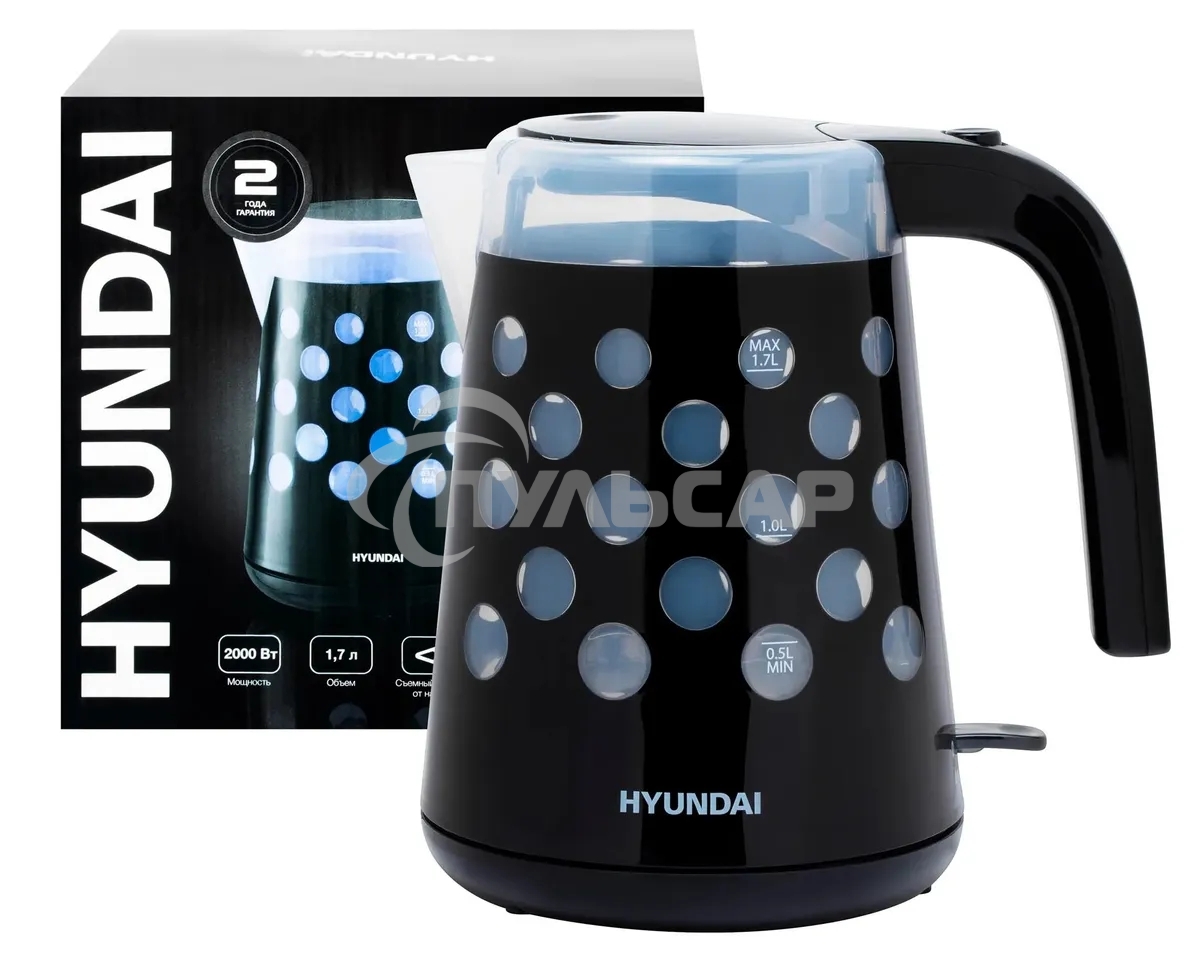 Чайник электрический Hyundai HYK-G2012 1.7л. 2200Вт черный/прозрачный (корпус: пластик)