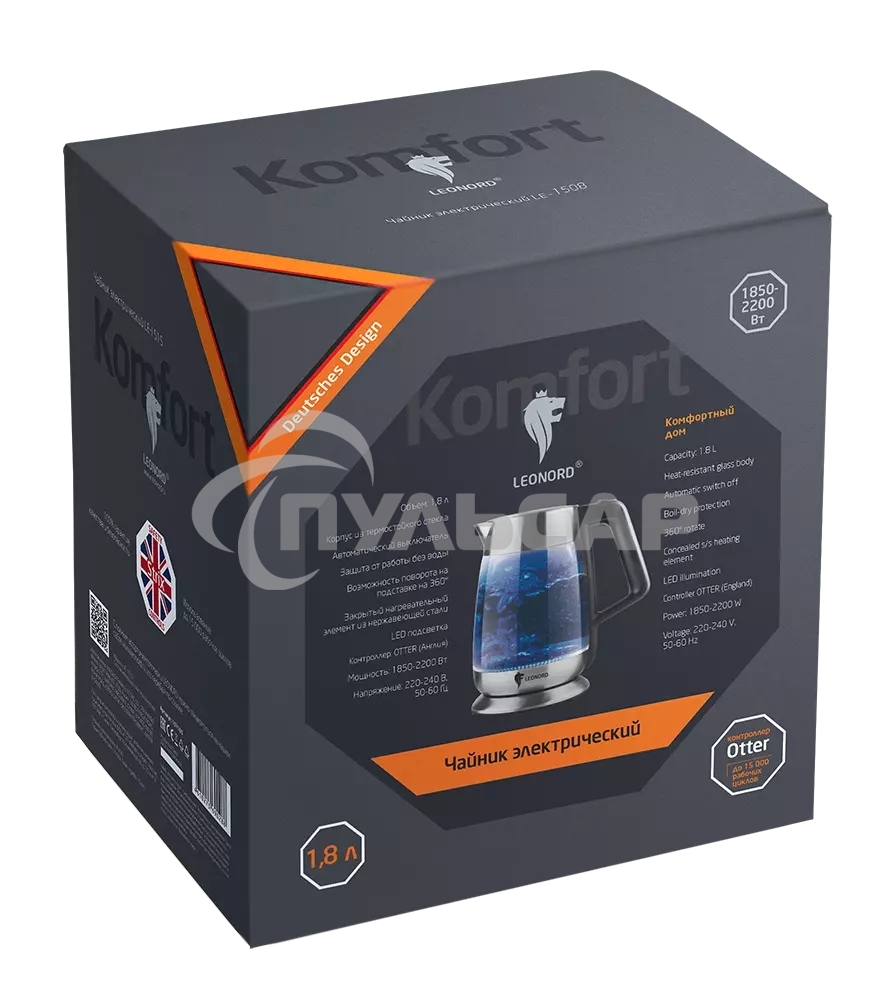 Чайник электрический LEONORD LE-1508 1,8 л, стекло, 2200 Вт