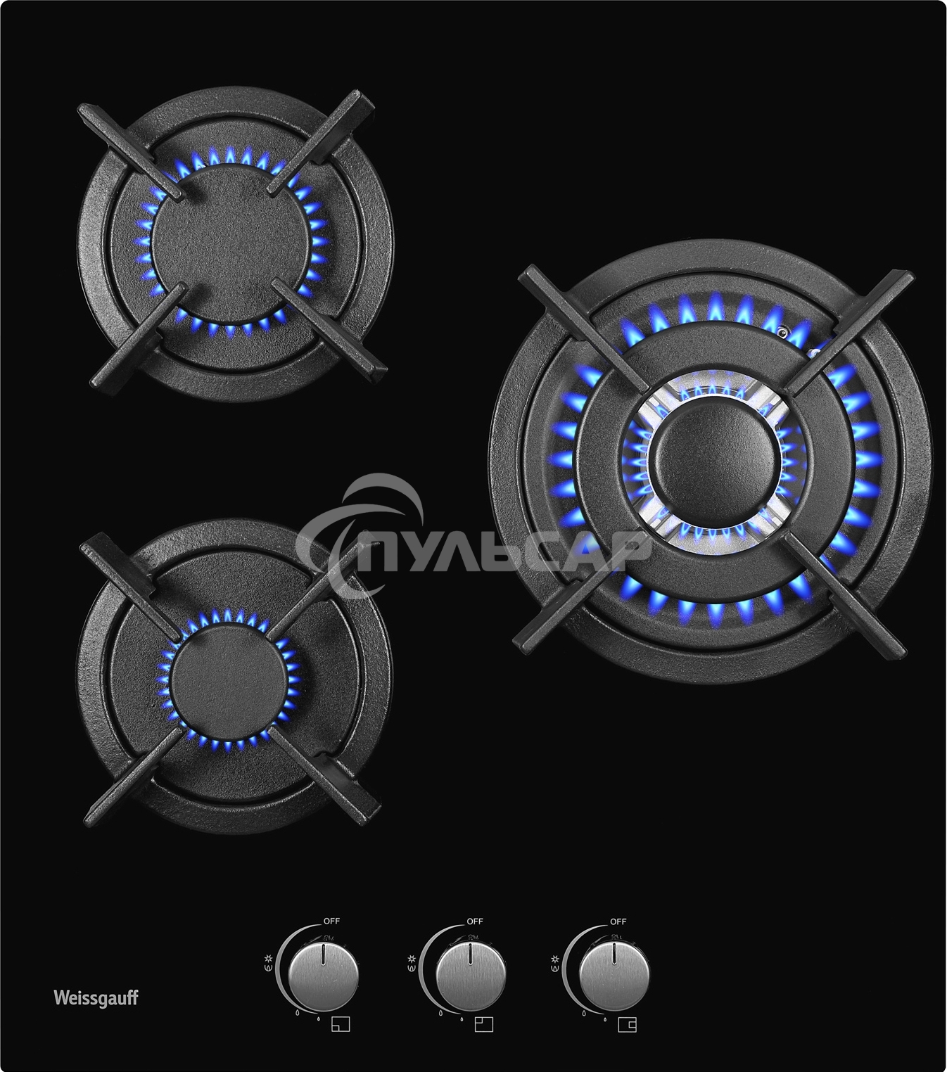 Газовая варочная панель Weissgauff HGG 451 BGh, 45x51 см, газовая, закаленное стекло, независимая, электроподжиг, газ-контроль, чугунные решетки, в комплекте - подставка WOK, черная