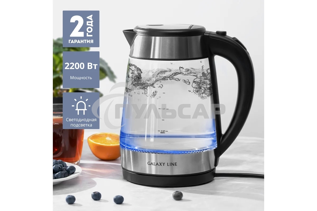 Чайник электрический Galaxy Line GL 0558, черный, стекло, 2200 Вт, 1,7 л