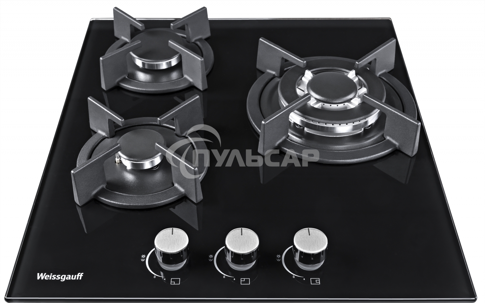 Газовая варочная панель Weissgauff HGG 451 BGh, 45x51 см, газовая, закаленное стекло, независимая, электроподжиг, газ-контроль, чугунные решетки, в комплекте - подставка WOK, черная