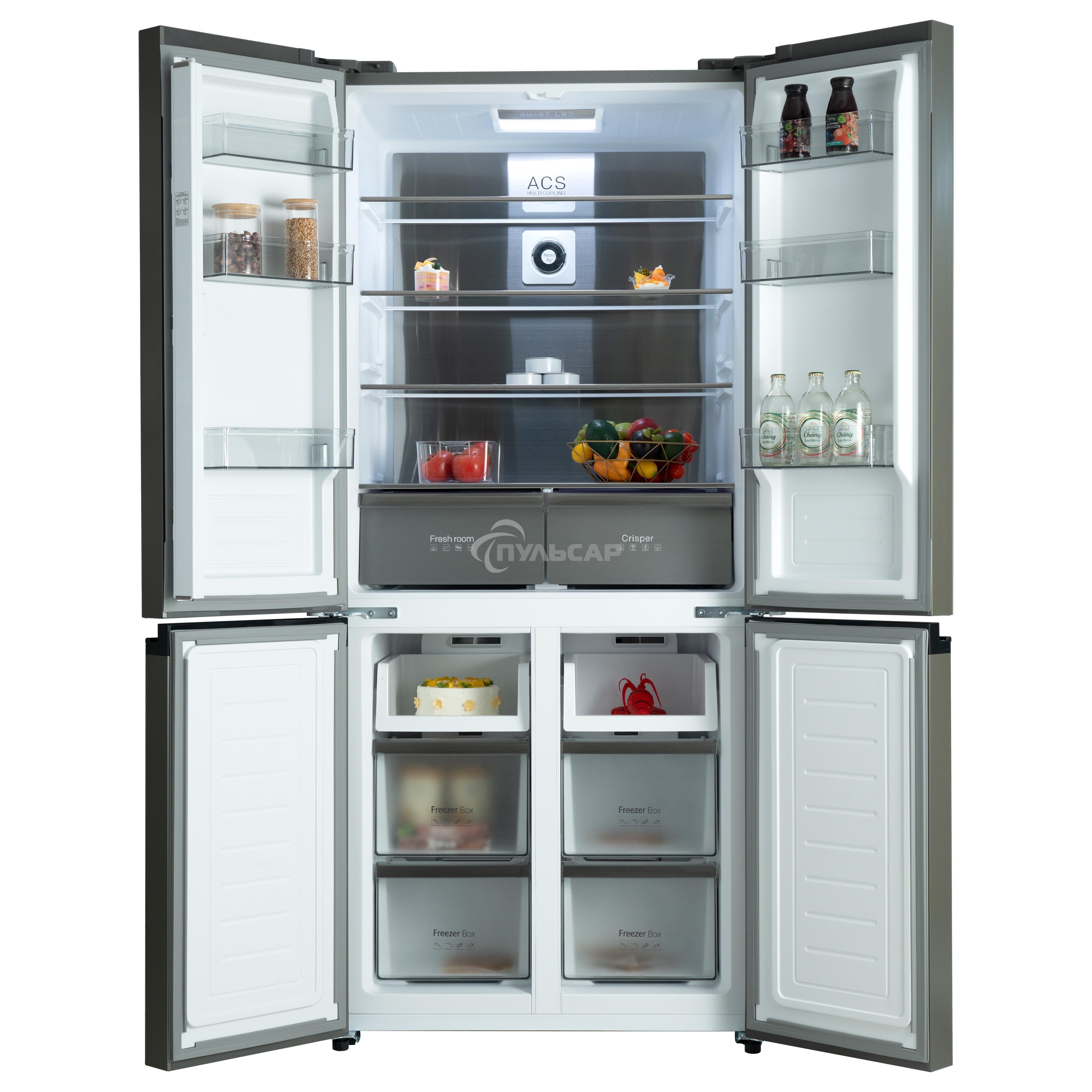 Холодильник Бирюса CD 496 TBG текстурированное черное стекло трехкамерный 334/162л морозилка снизу, NoFrost, Side by Side