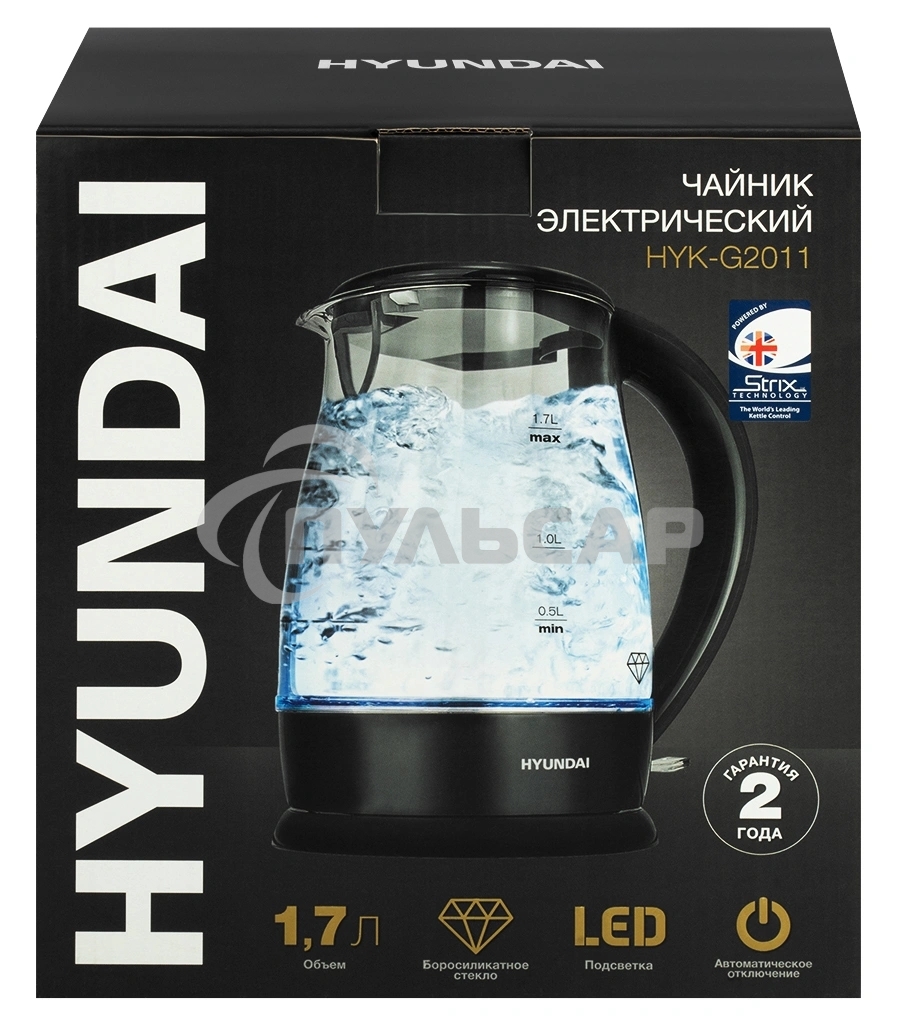 Чайник электрический Hyundai HYK-G2011 1.7л. 2200Вт черный (корпус: стекло)