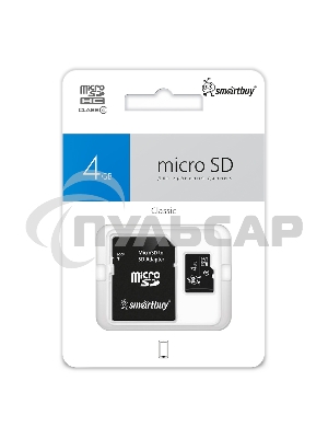 Флеш карта Micro SDHC 4Gb Smartbuy Сlass 4 (с адаптером SD)