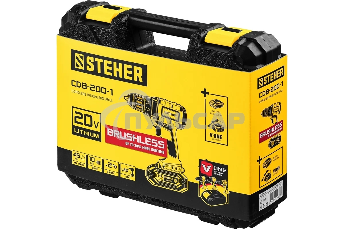 Дрель-шуруповерт STEHER CDB-200-1, Аккумуляторная, 20В, Кейс