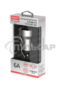 Автомобильное зарядное устройство Maxvi CCM-M602PD LED metallic silver 6A, 1xUSB, 1xType-C, QC3.0