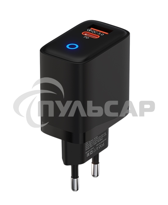 Сетевое зарядное устройство Maxvi SFC-220PD Type-C\USB 20W PD QC3.0 черный (индикатор заряда)