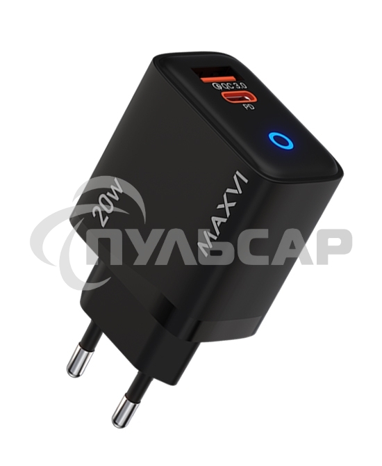 Сетевое зарядное устройство Maxvi SFC-220PD Type-C\USB 20W PD QC3.0 черный (индикатор заряда)