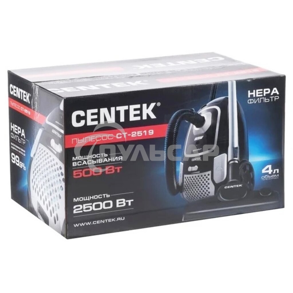 Пылесос Centek CT-2519 черный/хром, 500/2500 Вт, уборка сухая, пылесборник мешок, 4 л