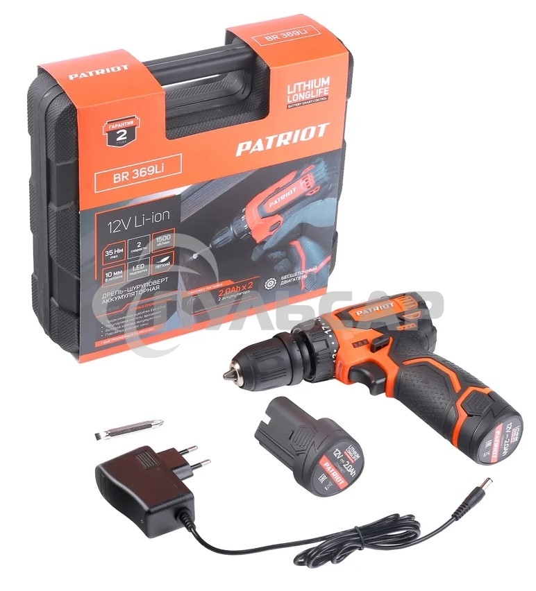 Дрель-шуруповерт Patriot BR 369Li, Аккумуляторная, 12В, 2 АКБ, Кейс