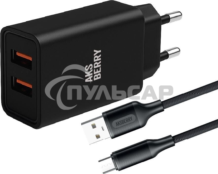 Сетевое зарядное устройство AKSBERRY (6900209220015) T38 2 USB 2.4A + кабель MicroUSB, черный