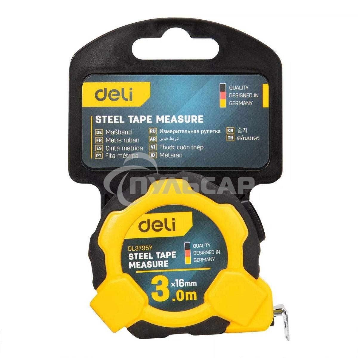 Рулетка Deli DL3795 3м*16мм, Автостоп, ударопрочный корпус, метрическая