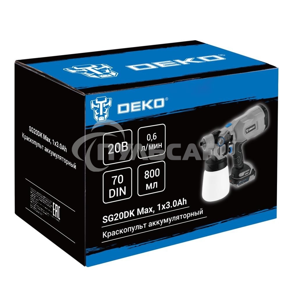 Краскопульт аккумуляторный DEKO SG20DK Max, 20В, 800 мл, 1x3.0А·ч 083-1135
