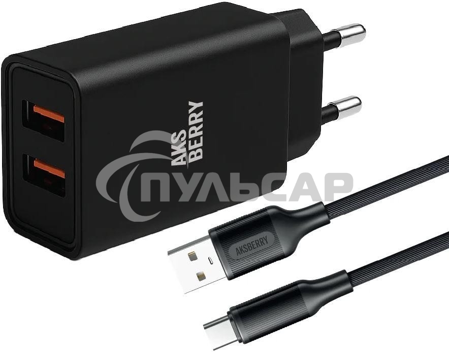 Сетевое зарядное устройство AKSBERRY (6900209230014) T38 2 USB 2.4A + кабель Type C, черный