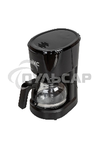 Кофеварка капельного типа, максимальная мощность 600 Вт, объем резервуара для воды 600 мл, стеклянная колба, индикатор уровня воды, съемный моющийся фильтр, противокапельная система, функция поддержания температуры, мерная ложка в комплекте, черный