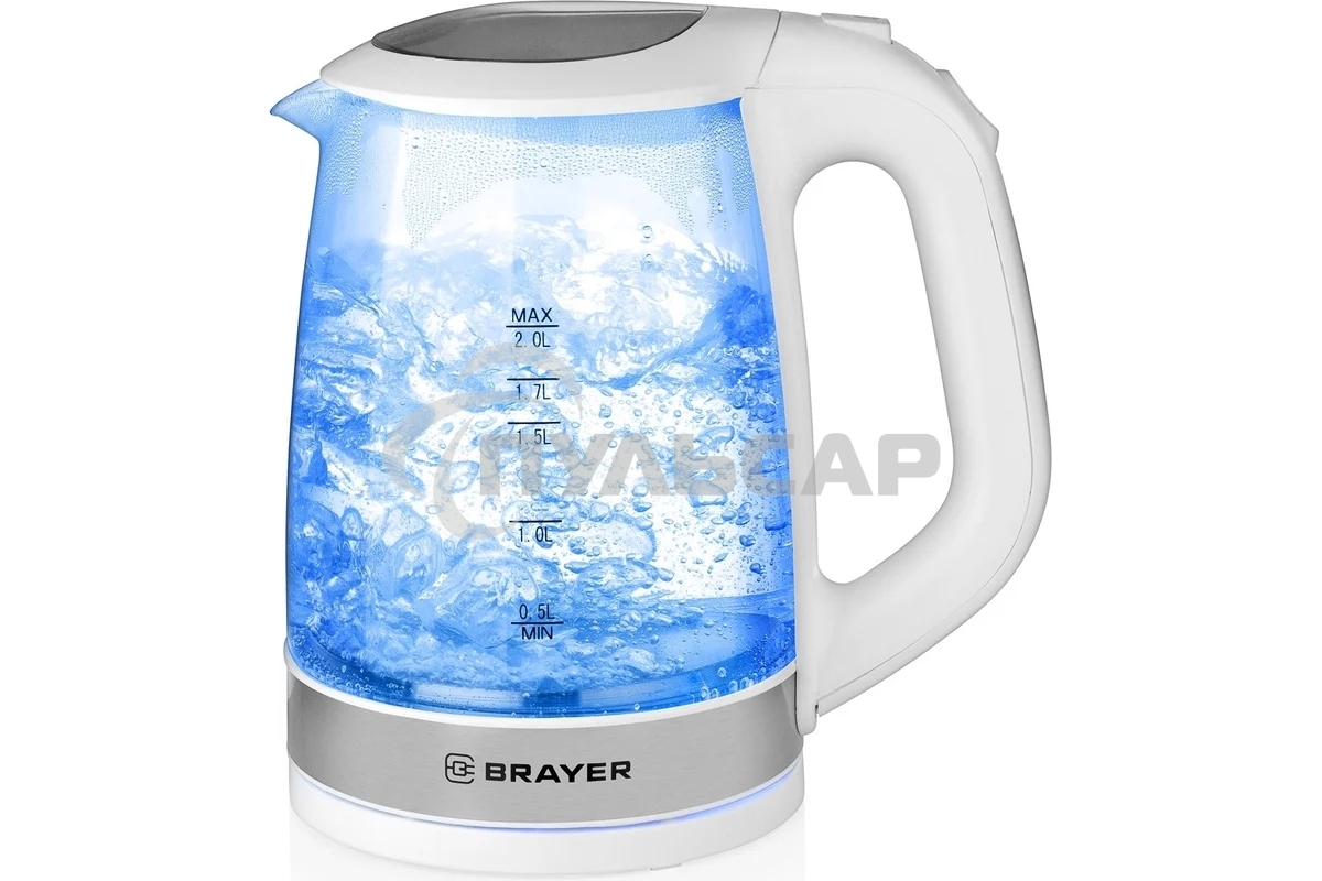 Чайник электрический BRAYER BR1040WH 2220Вт, 2 л, стекл., белый.