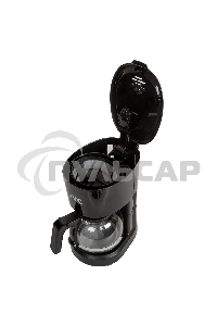 Кофеварка капельного типа, максимальная мощность 600 Вт, объем резервуара для воды 600 мл, стеклянная колба, индикатор уровня воды, съемный моющийся фильтр, противокапельная система, функция поддержания температуры, мерная ложка в комплекте, черный