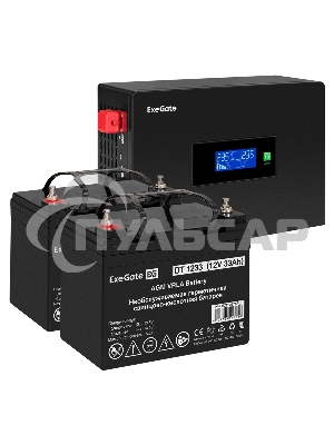 Комплект Источник бесперебойного питания EX295994RUS + батарея 33Aч EX282974RUS 2шт (инвертор, синус, для котла, PF=1, настенный) ExeGate IdealSine SR-1500.LCD.2SH 1500VA/1500W, чистая синусоида, цветной LCD-дисплей, 2*Schuko, крепление настенное, черный 