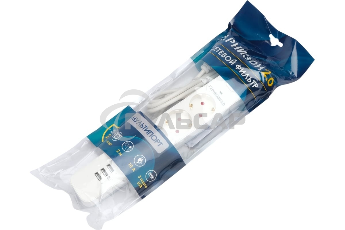 Сетевой фильтр Гарнизон 2.0 Мультипорт EPS-4-U3-W-2, 4 р, 10А, 3xUSB, 2м, ур.защиты 2+, белый, пакет