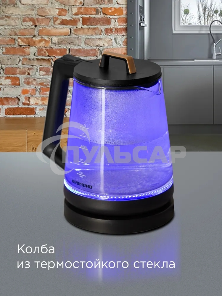 Чайник электрический Redmond KG-226 черный с деревом, 1,7 л, 2200 Вт