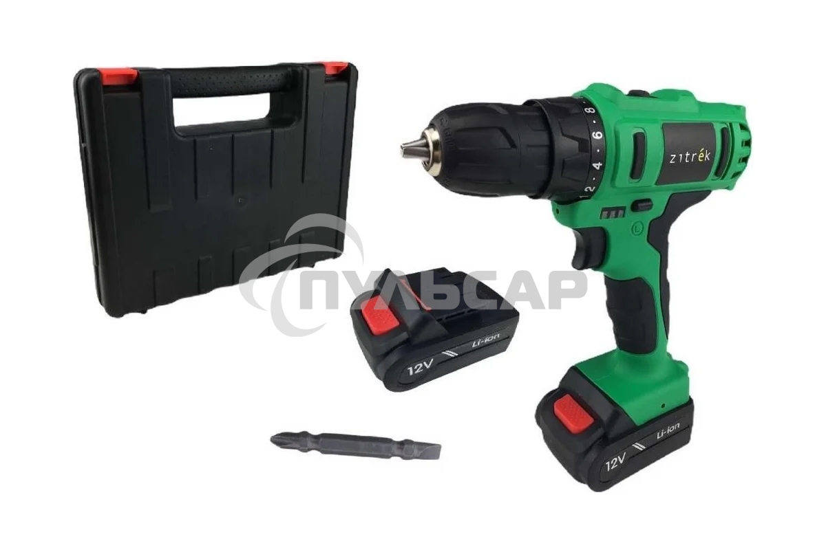 Дрель-шуруповерт Zitrek Greenpower 12-Li 063-4074, Аккумуляторная, 12В, 2 АКБ, Кейс