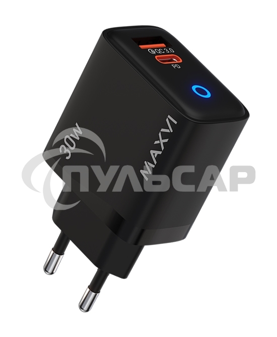 Сетевое зарядное устройство Maxvi SFC-230PD Type-C\USB 30W PD QC3.0 черный (индикатор заряда)