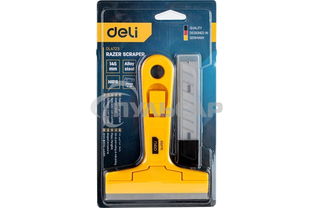 Скребок Deli EDL4723 145мм + 10 лезвий Ширина лезвия: 18 мм. Толщина лезвия: 0,5 мм. Высокопрочный пластик ручки. Лезвие из сплава.