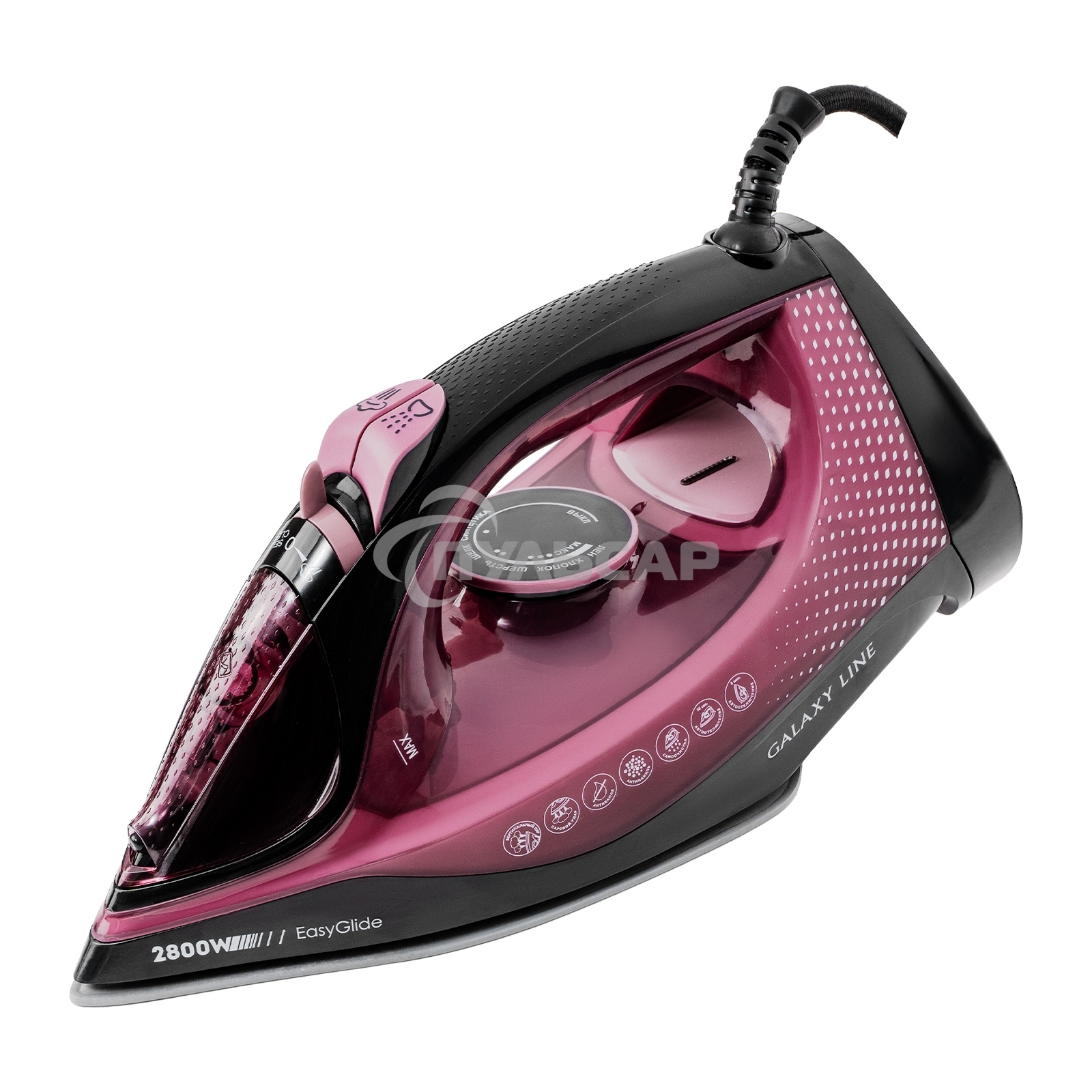 Утюг Galaxy Line GL 6132, розовый с черным, паровой, 2800 Вт, керамическое покрытие EasyGlide, функции: самоочистка, антикапля, антинакипь, указатель максимального уровня воды, индикатор нагрева, вертикальное отпаривание, паровой удар, регулировка подачи 