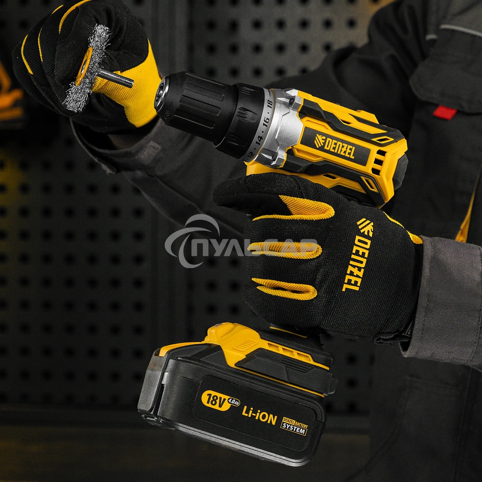 Щетка для дрели Denzel 50 мм, плоская, со шпилькой, нержавеющая витая проволока