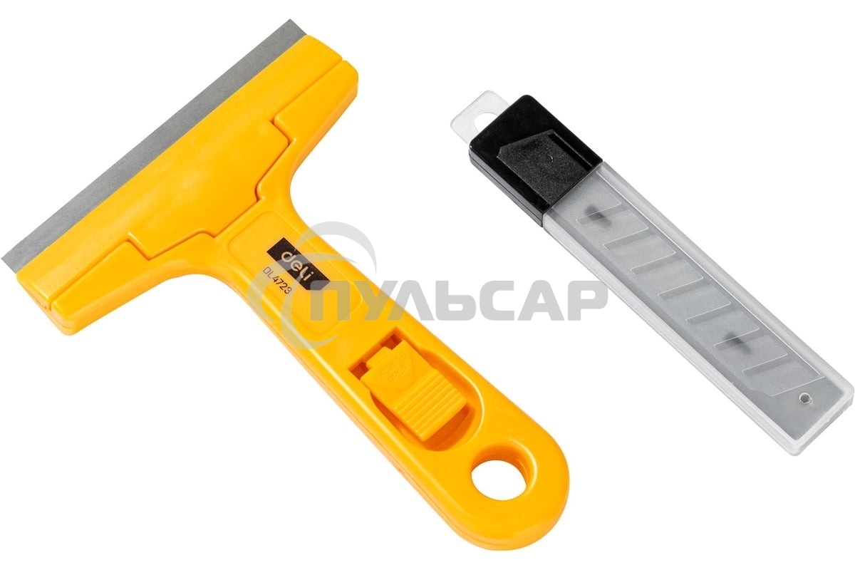 Скребок Deli EDL4723 145мм + 10 лезвий Ширина лезвия: 18 мм. Толщина лезвия: 0,5 мм. Высокопрочный пластик ручки. Лезвие из сплава.