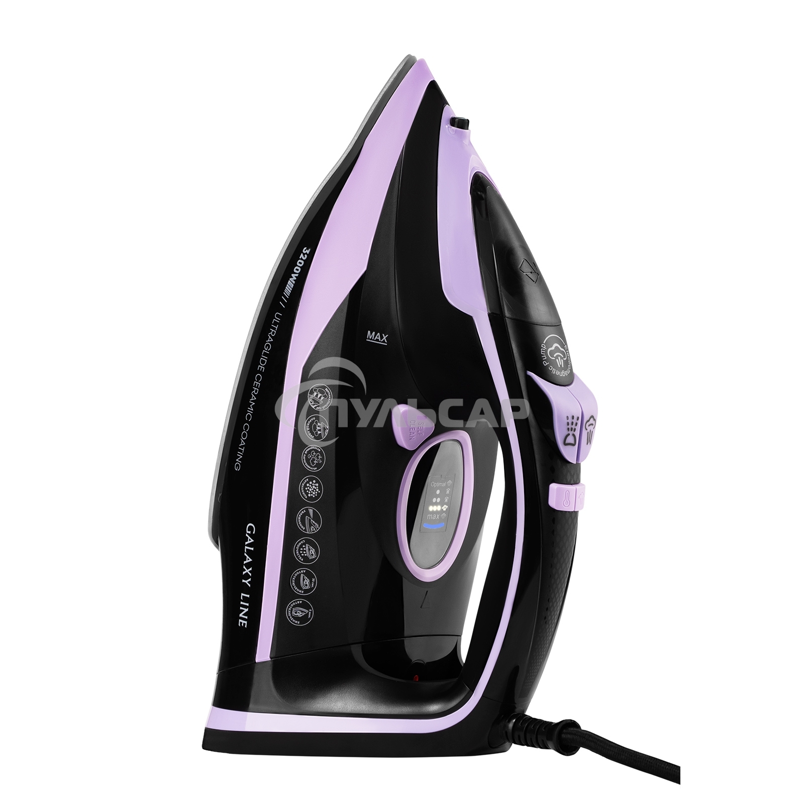 Утюг Galaxy Line GL 6135, черный с лиловым, паровой с помпой, 3200 Вт, постоянный пар 90 г/мин, паровой удар 260 г/мин, функции: самоочистка, антинакипь, автоотключение, вертикальное отпаривание, LED-дисплей, встроеный парогенератор, защита от перегрева, 
