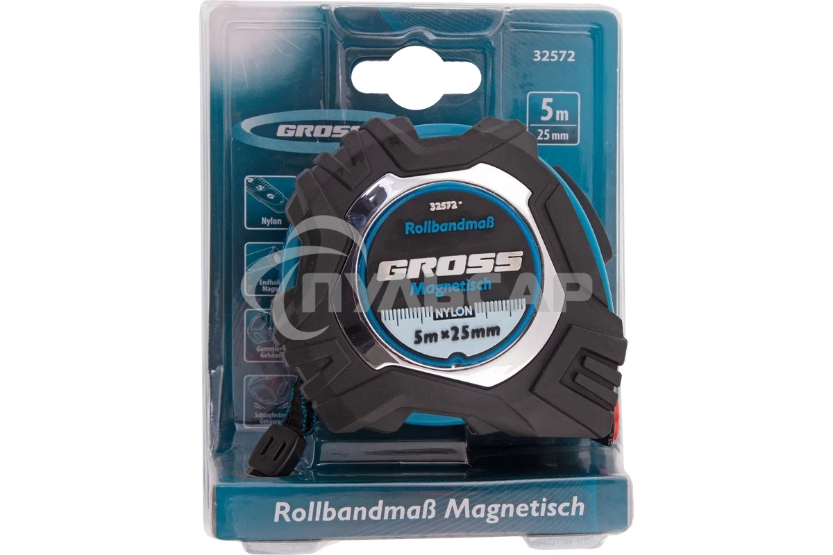 Рулетка Magnetisch, 5 м х 25 мм обрезиненный корпус,автоматическая фиксация GROSS 32572