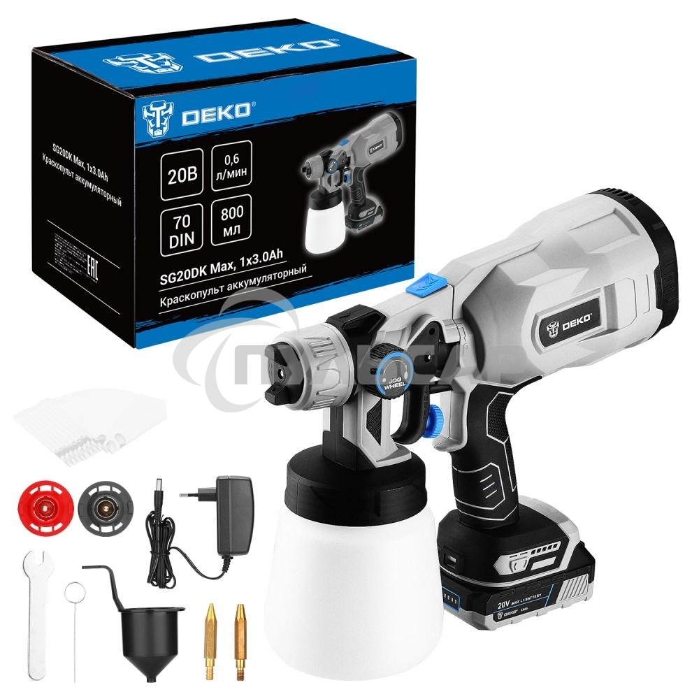 Краскопульт аккумуляторный DEKO SG20DK Max, 20В, 800 мл, 1x3.0А·ч 083-1135