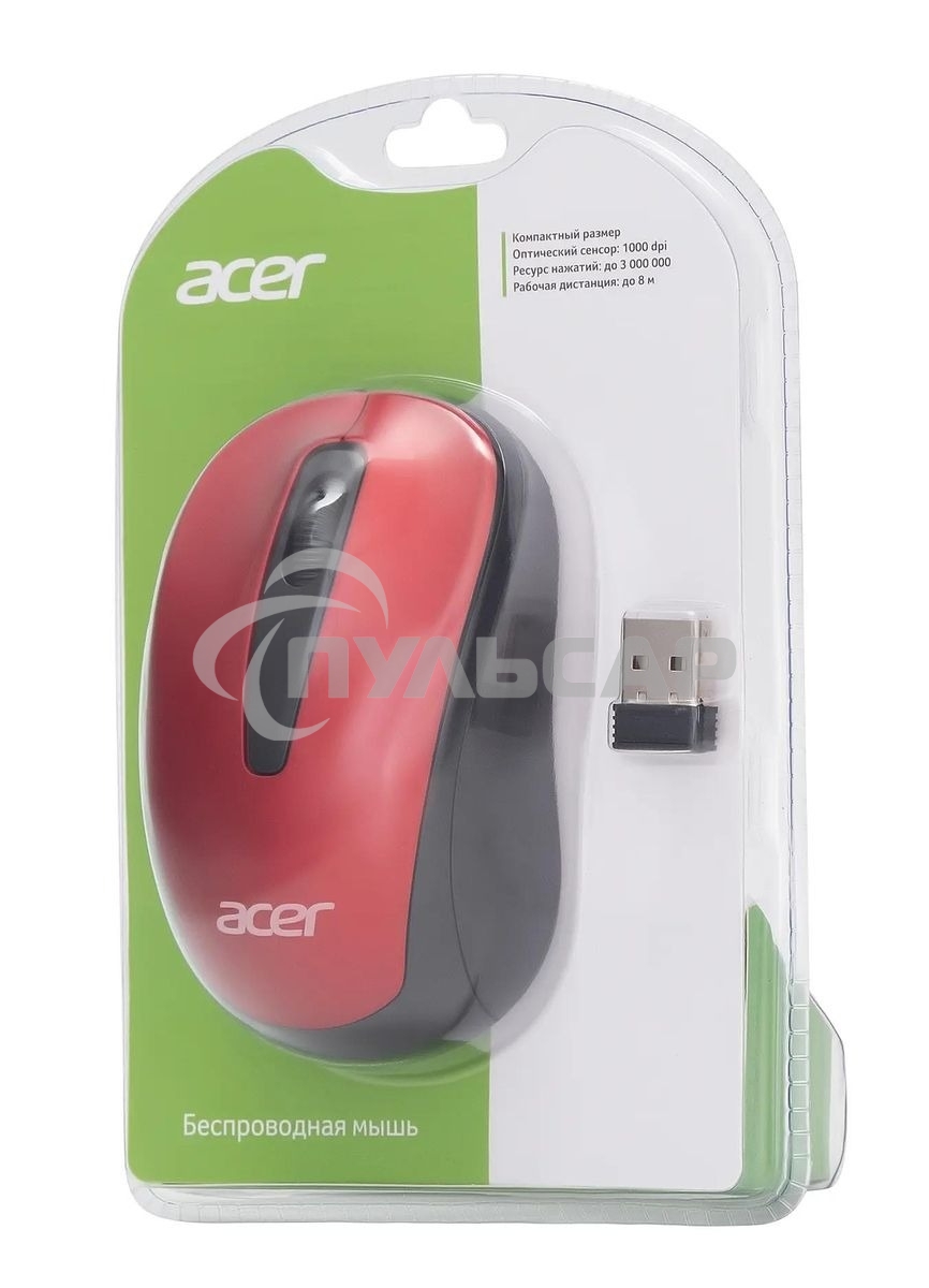 Мышь беспроводная Acer OMR136 красный, 1000 dpi, радиоканал, USB, кнопки - 3