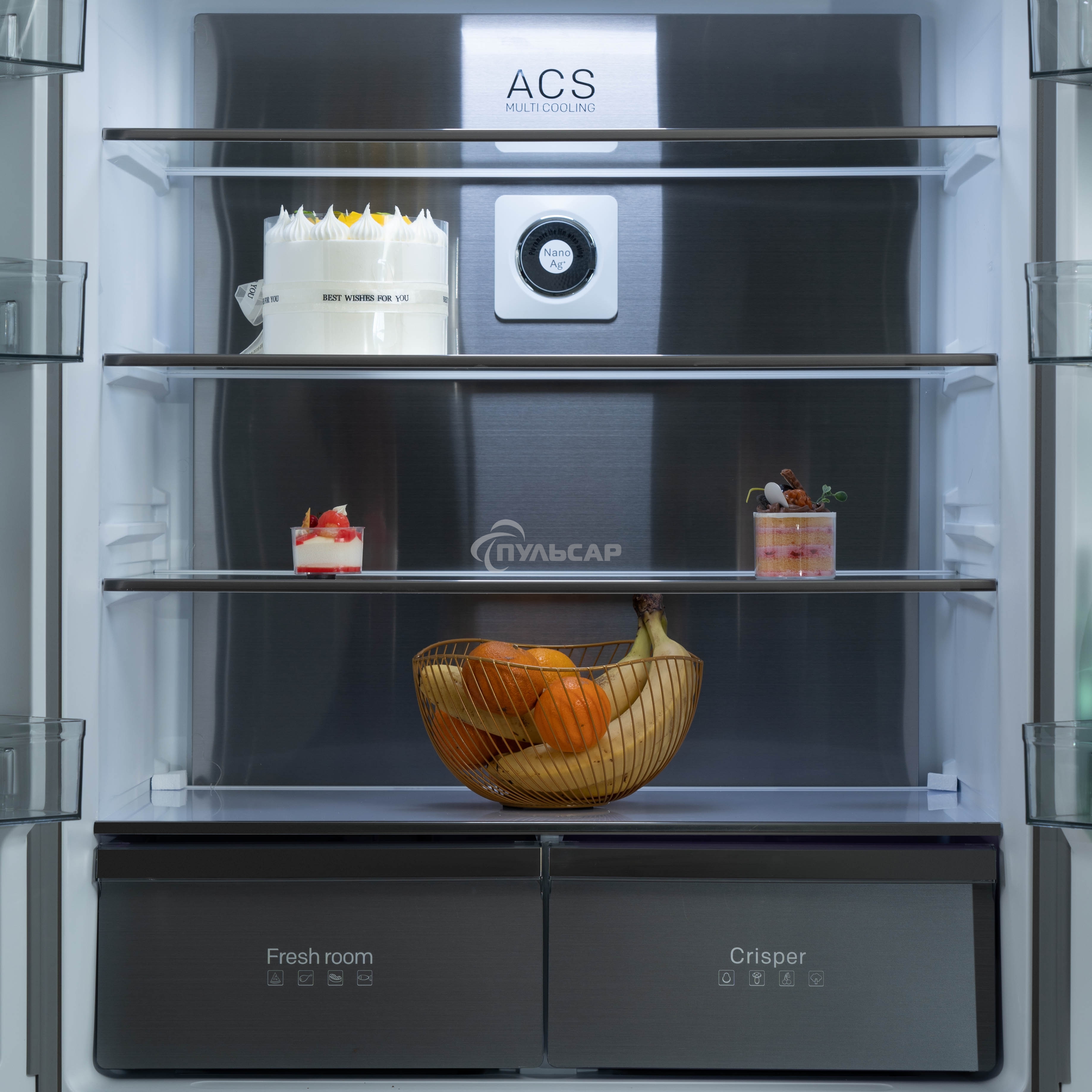 Холодильник Бирюса CD 496 TGG текстурированное бежевое стекло трехкамерный 334/162л морозилка снизу, No Frost, Side by Side