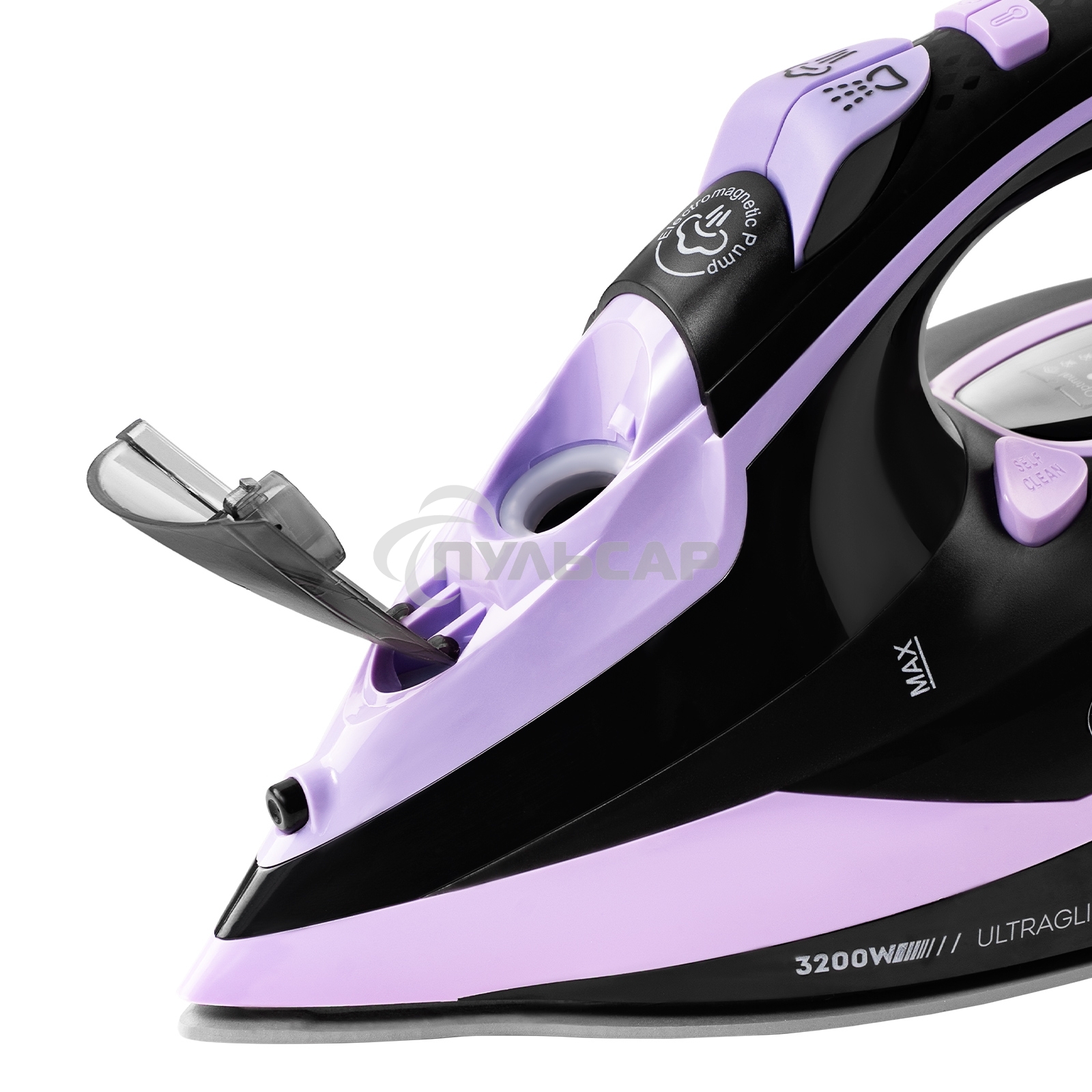 Утюг Galaxy Line GL 6135, черный с лиловым, паровой с помпой, 3200 Вт, постоянный пар 90 г/мин, паровой удар 260 г/мин, функции: самоочистка, антинакипь, автоотключение, вертикальное отпаривание, LED-дисплей, встроеный парогенератор, защита от перегрева, 