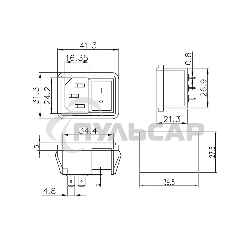 Выключатель клавишный Rexant 250V 10А (4с) ON-OFF красный с подсветкой и штекером C14 3PIN