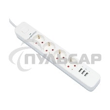 Сетевой фильтр Гарнизон 2.0 Мультипорт EPS-4-U3-W-2, 4 р, 10А, 3xUSB, 2м, ур.защиты 2+, белый, пакет