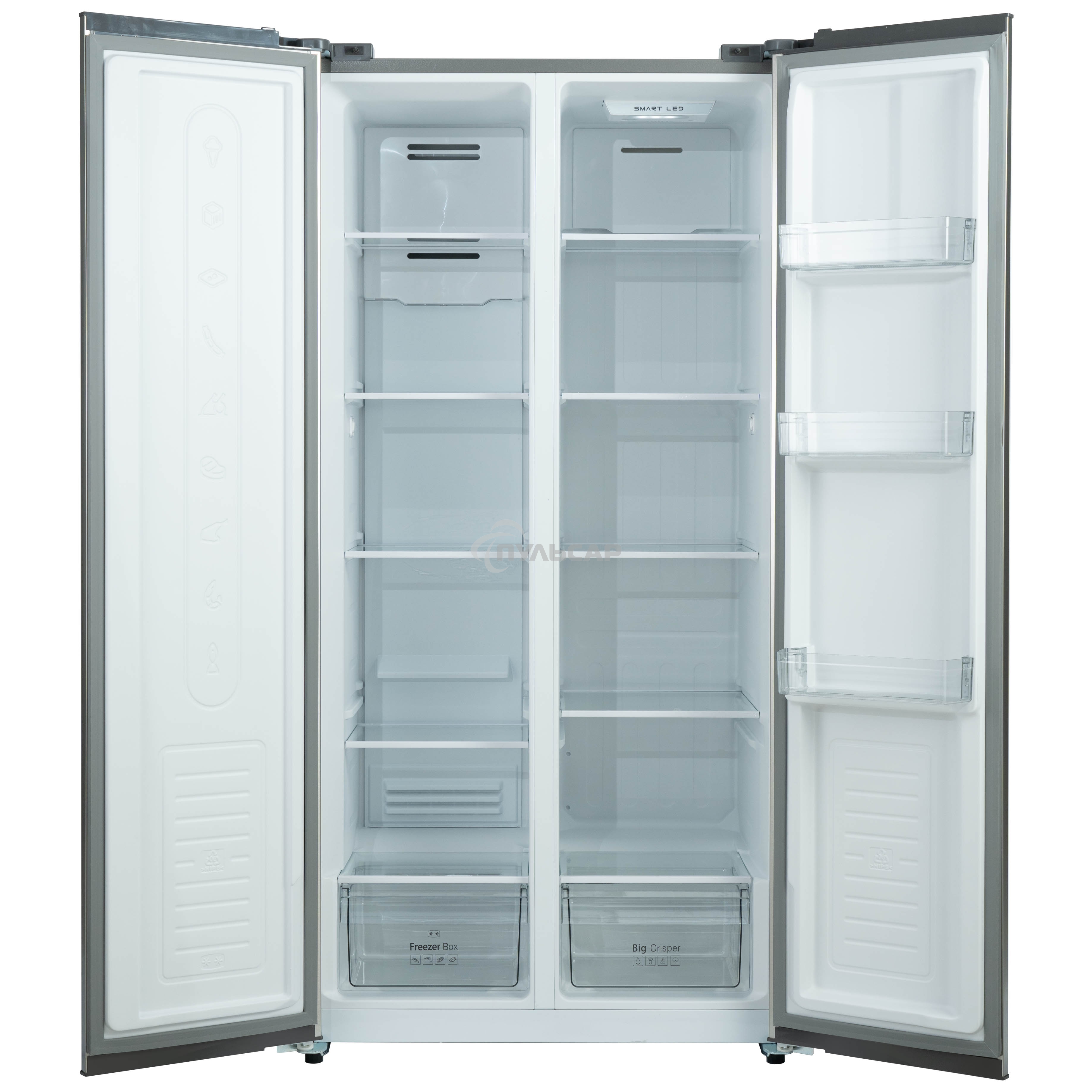 Холодильник Бирюса SBS 400 I нержавеющая сталь двухкамерный 232/168 л морозилка слева, No Frost, Side-by-side