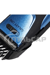 Набор для стрижки Galaxy Line GL 4166, черный с голубым, 3 Вт, время работы до 1,5 ч, аккум. Li-Ion 3,7 В, емк. аккум. 600 мА*ч, лезв. из нерж. стали, ширина лезвия 40 мм, 24 положения насадки-расчески (3,5 - 14,5 мм), филир. гребень, индик. заряда аккум.