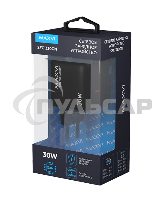 Сетевое зарядное устройство Maxvi SFC-330GN Type-C\USB 30W PD QC3.0 черный