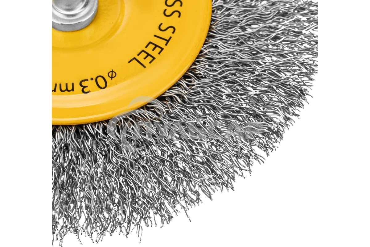 Щетка для дрели Denzel 100 мм, плоская, со шпилькой, нержавеющая витая проволока