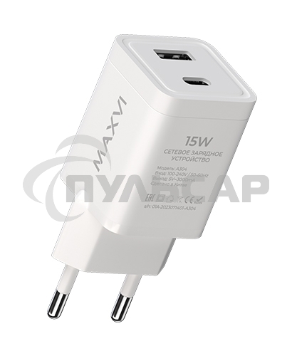 Сетевое зарядное устройство Maxvi A304 Type-C\USB 3A 15W, белый