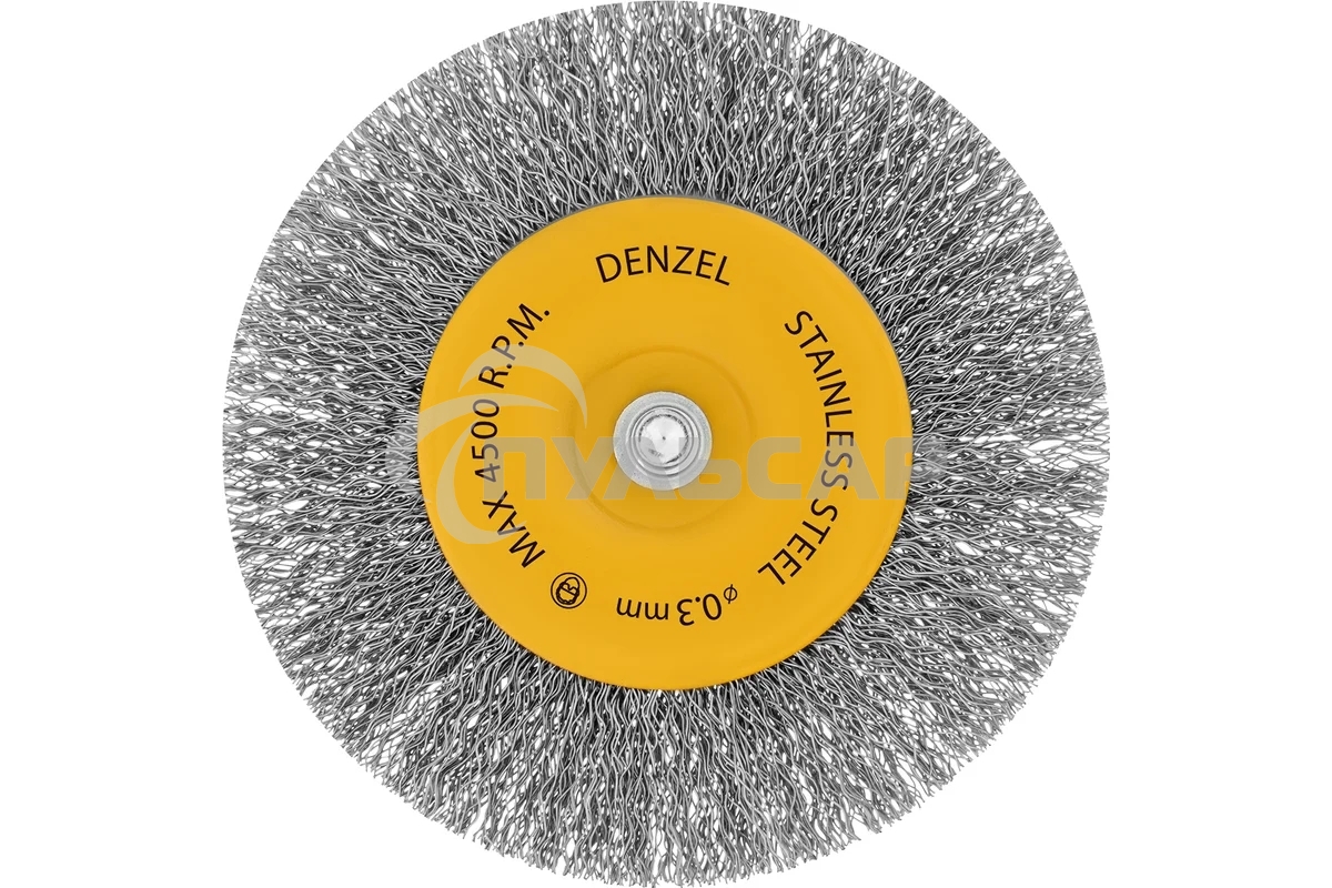 Щетка для дрели Denzel 100 мм, плоская, со шпилькой, нержавеющая витая проволока