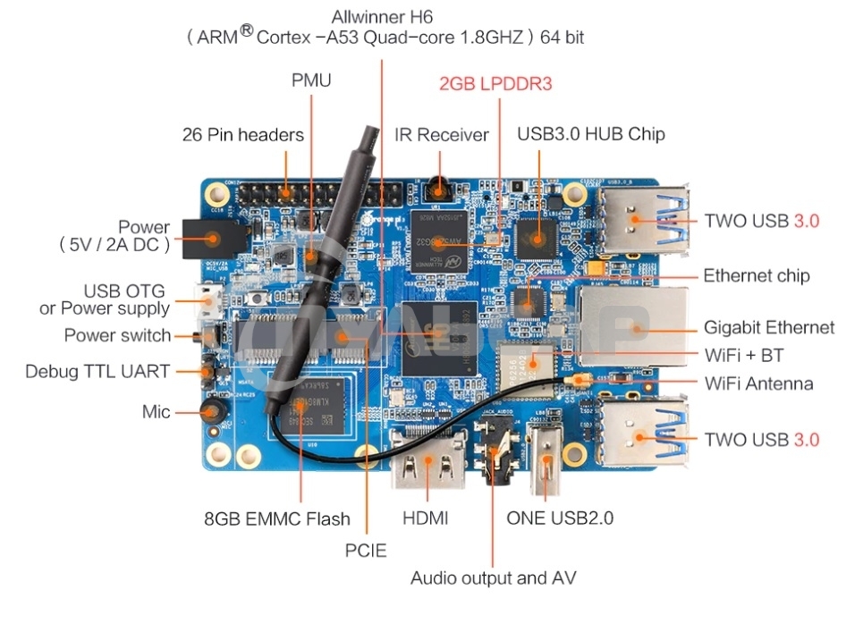 Микрокомпьютер Orange PI 3 2Gb + 8Gb EMMC, Android 7, с кабелем питания. (44286)
