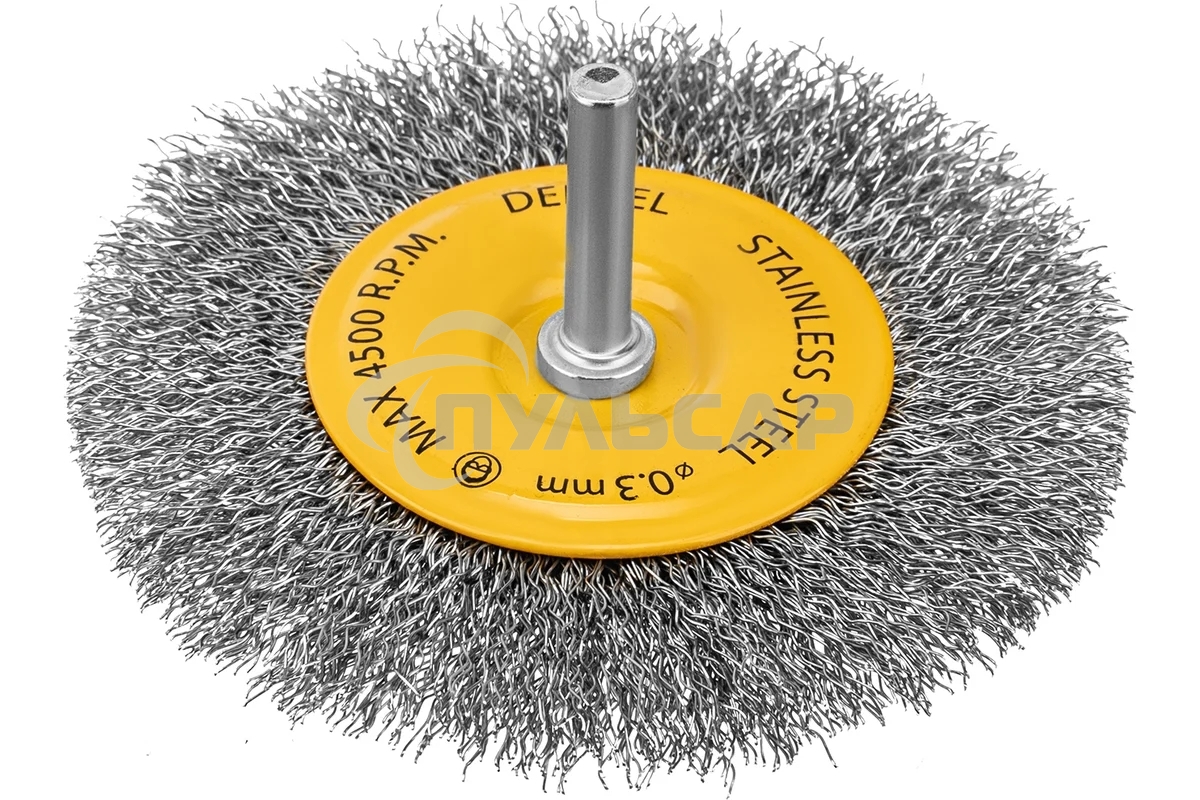 Щетка для дрели Denzel 100 мм, плоская, со шпилькой, нержавеющая витая проволока