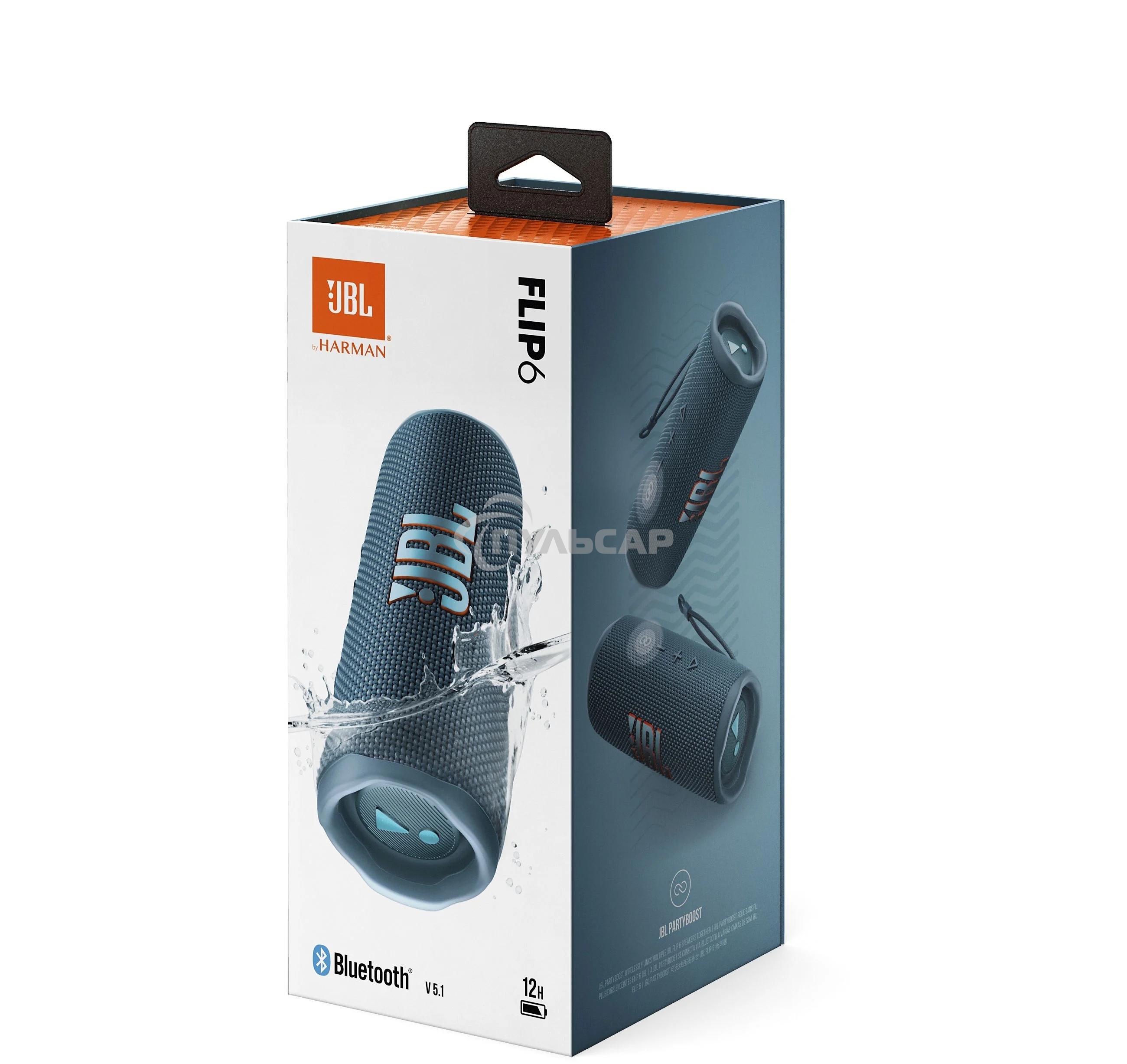 Портативная акустика JBL Flip 6 синий, Bluetooth 5.1, время воспроизведения 12 ч, емкость аккумулятора 4800 mAh, время заряда 2,5 ч, синий